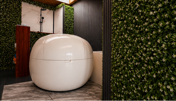 Capsule de flottaison Le Cocon Ti Fleur dans son espace végétalisé